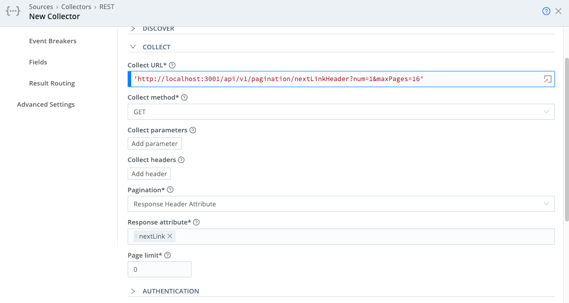 Collector configuration for HTTP GET, paginated via Response Header URL