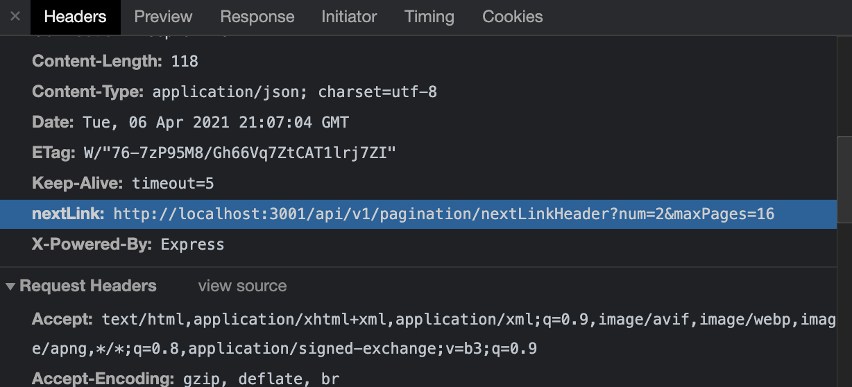 Next-page URL passed as Response Header Attribute