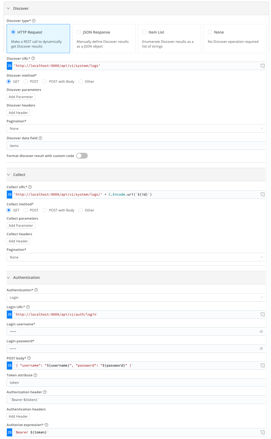 Collector configuration for HTTP Discover and Collect with Login authentication