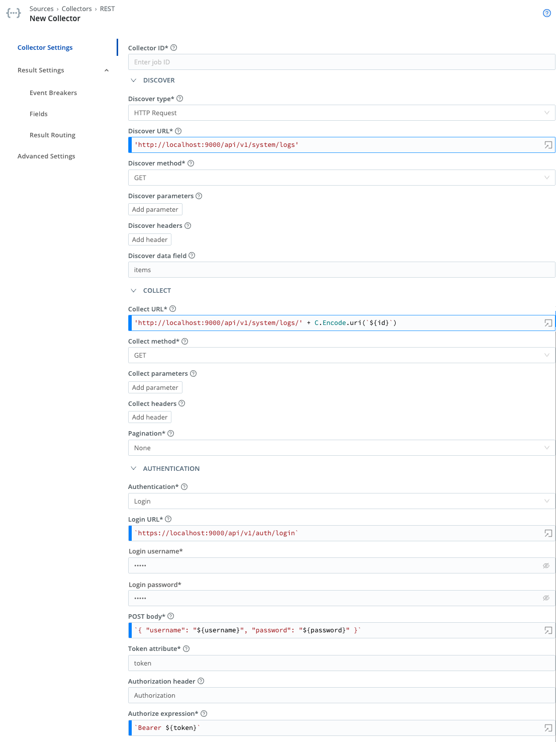 Collector configuration for HTTP Discover and Collect with Login authentication