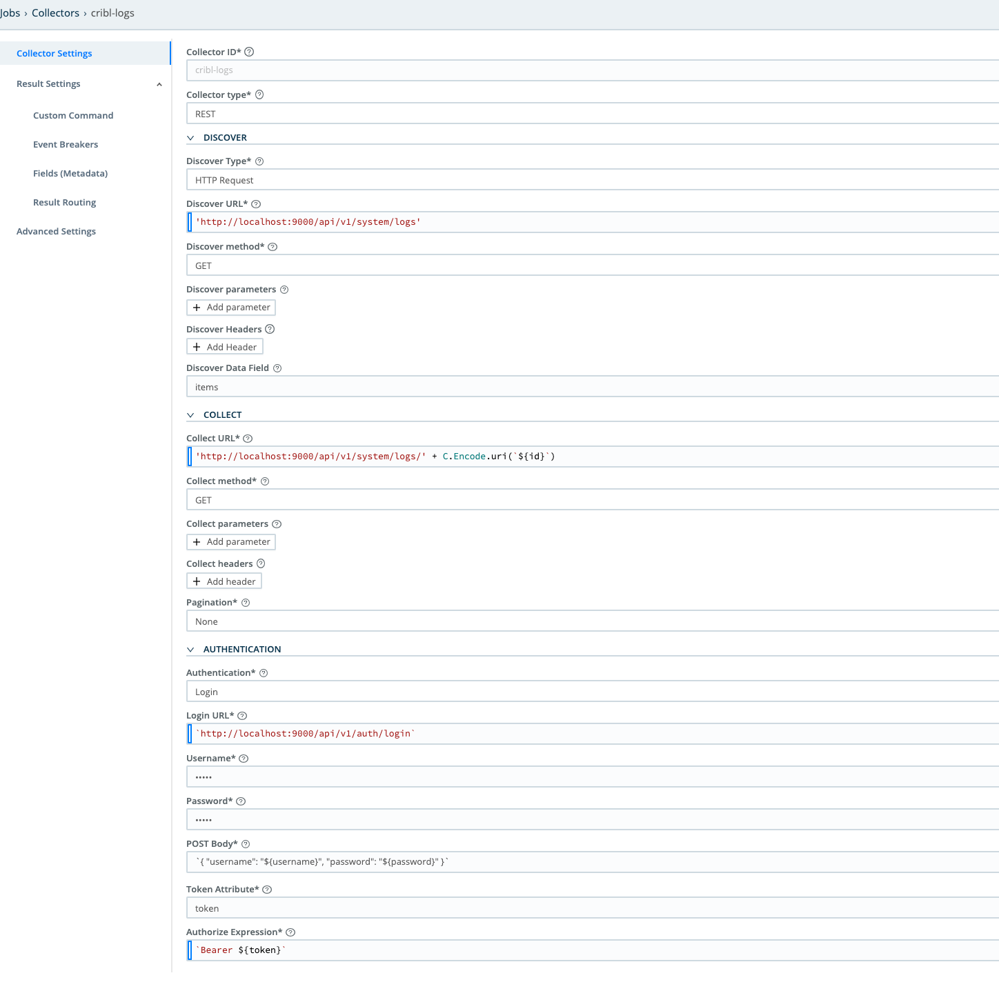 Collector configuration for HTTP Discover and Collect with Login authentication