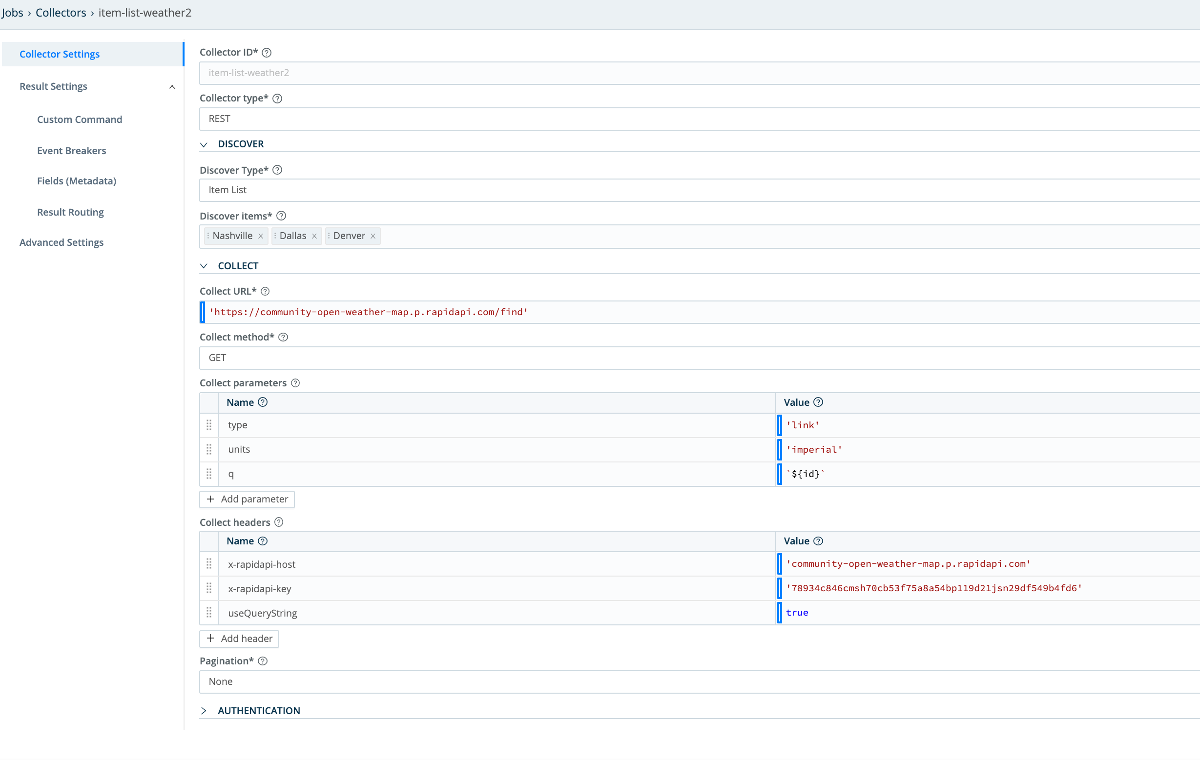 Collector configuration for Discovery via Item List