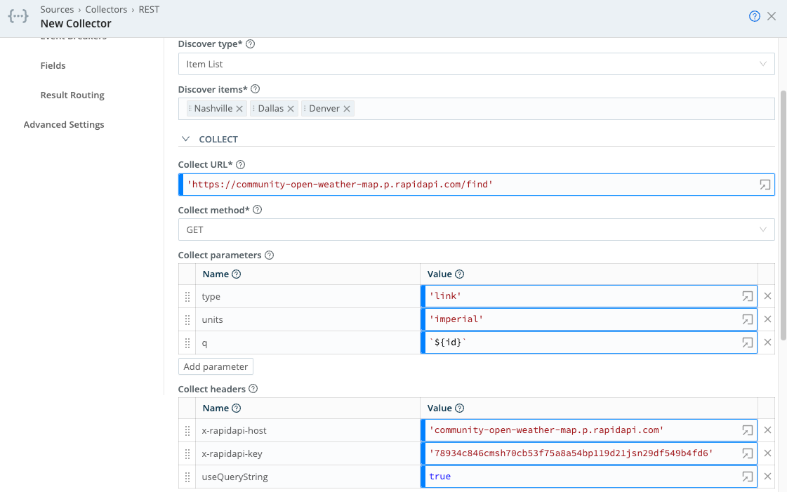 Collector configuration for Discovery via Item List