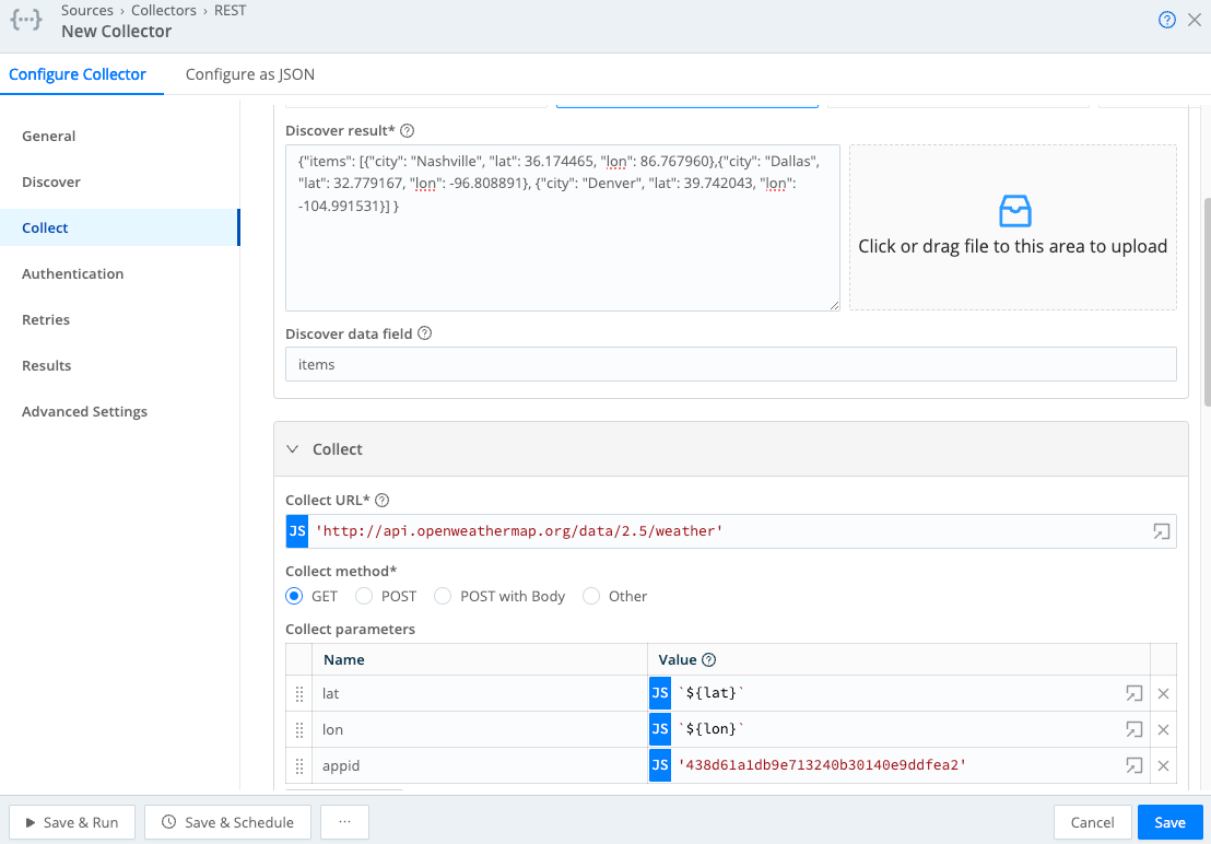 Collector configuration for JSON Response Discovery