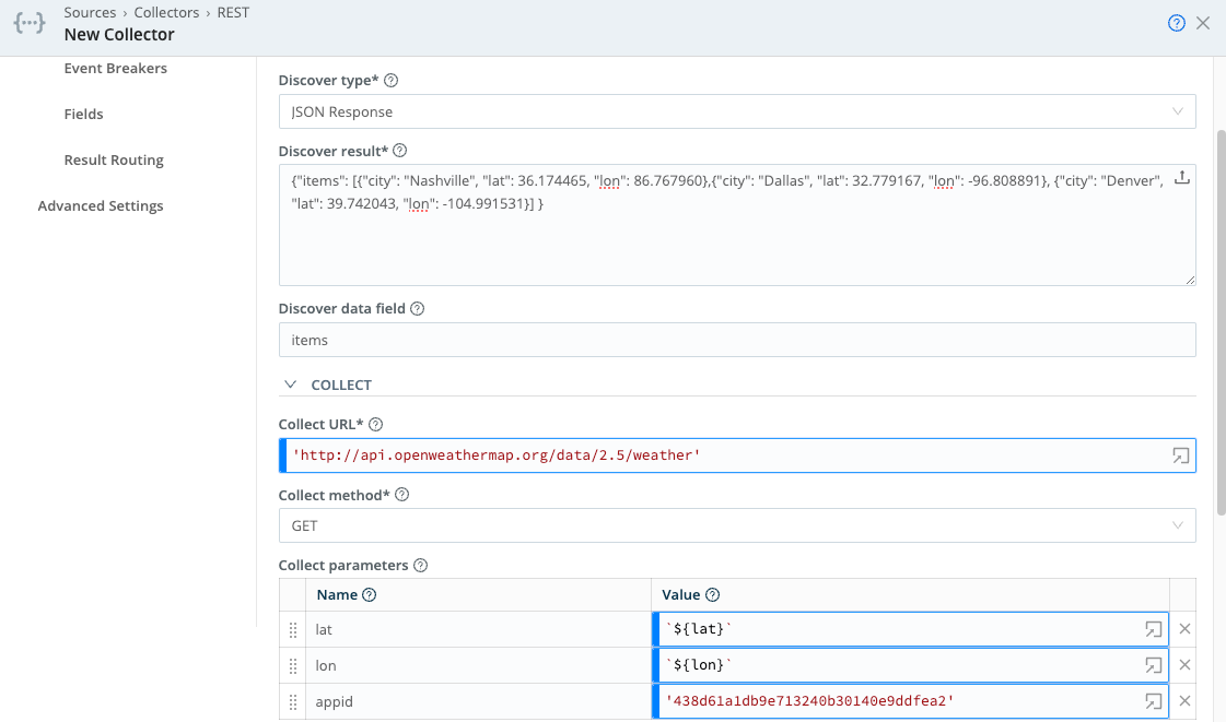 Collector configuration for JSON Response Discovery