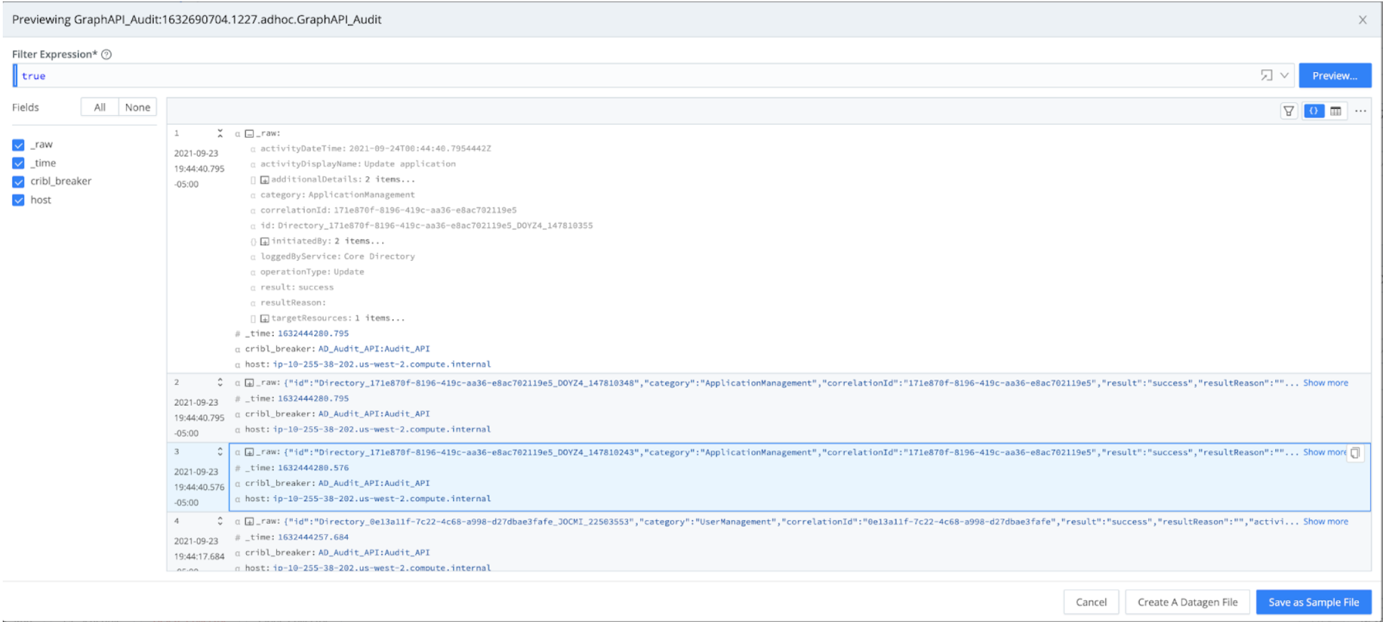 Audit Logs data from the finished Collector