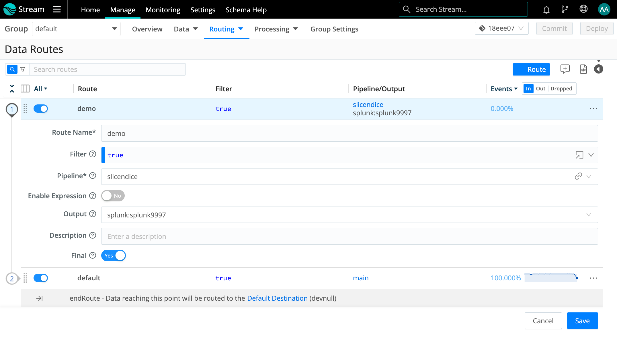 Route attached to Pipeline and Destination