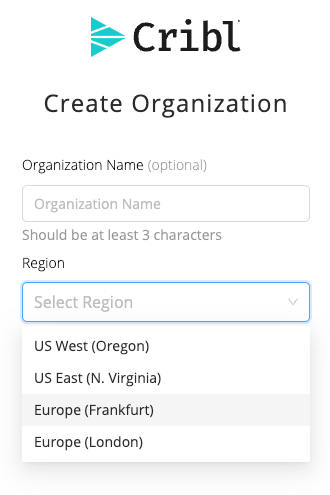 Create Organization page - selecting a host Region
