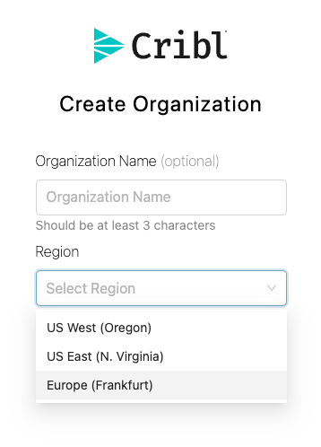 Create Organization page - selecting a host Region