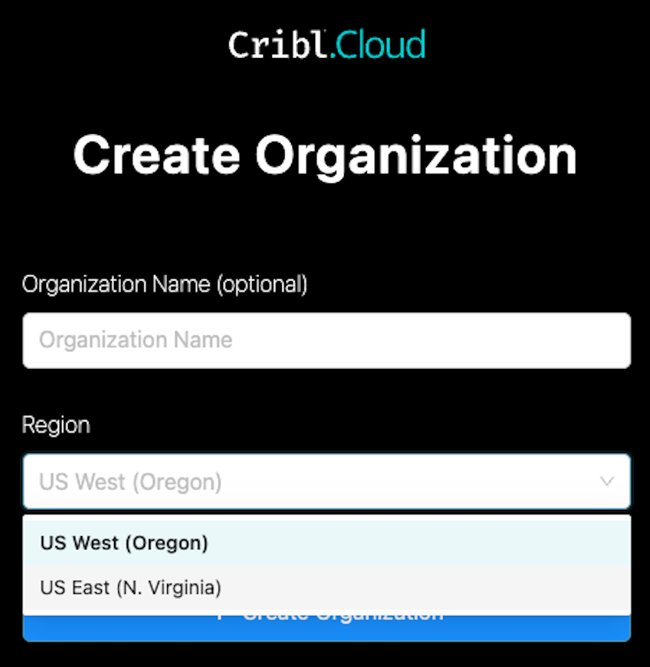 Create Organization page - selecting a host Region