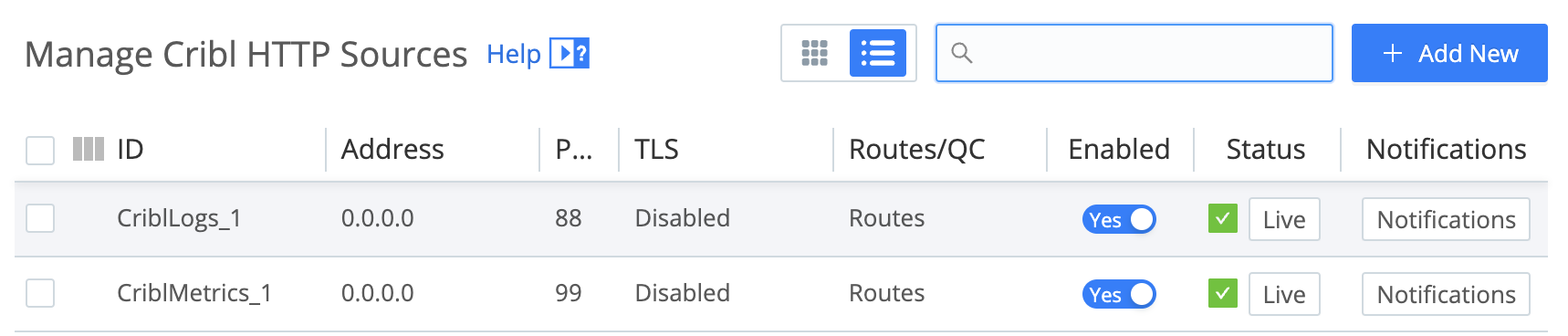 Cribl Internal Sources - click either or both of these rows to configure