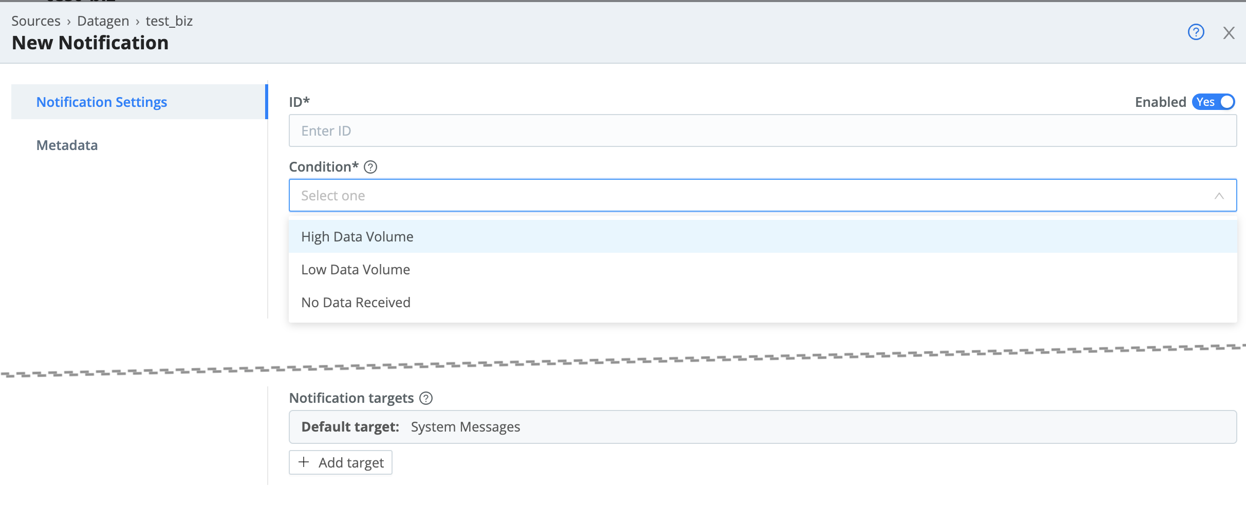 Configuring a High Data Volume Notification (composite screenshot)