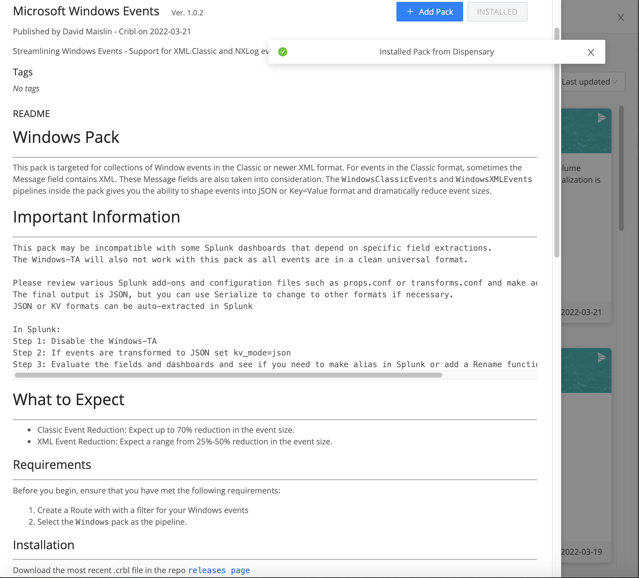 Pack details page: Composite with + Add Pack button, confirmation banner, Dispensary drawer in background