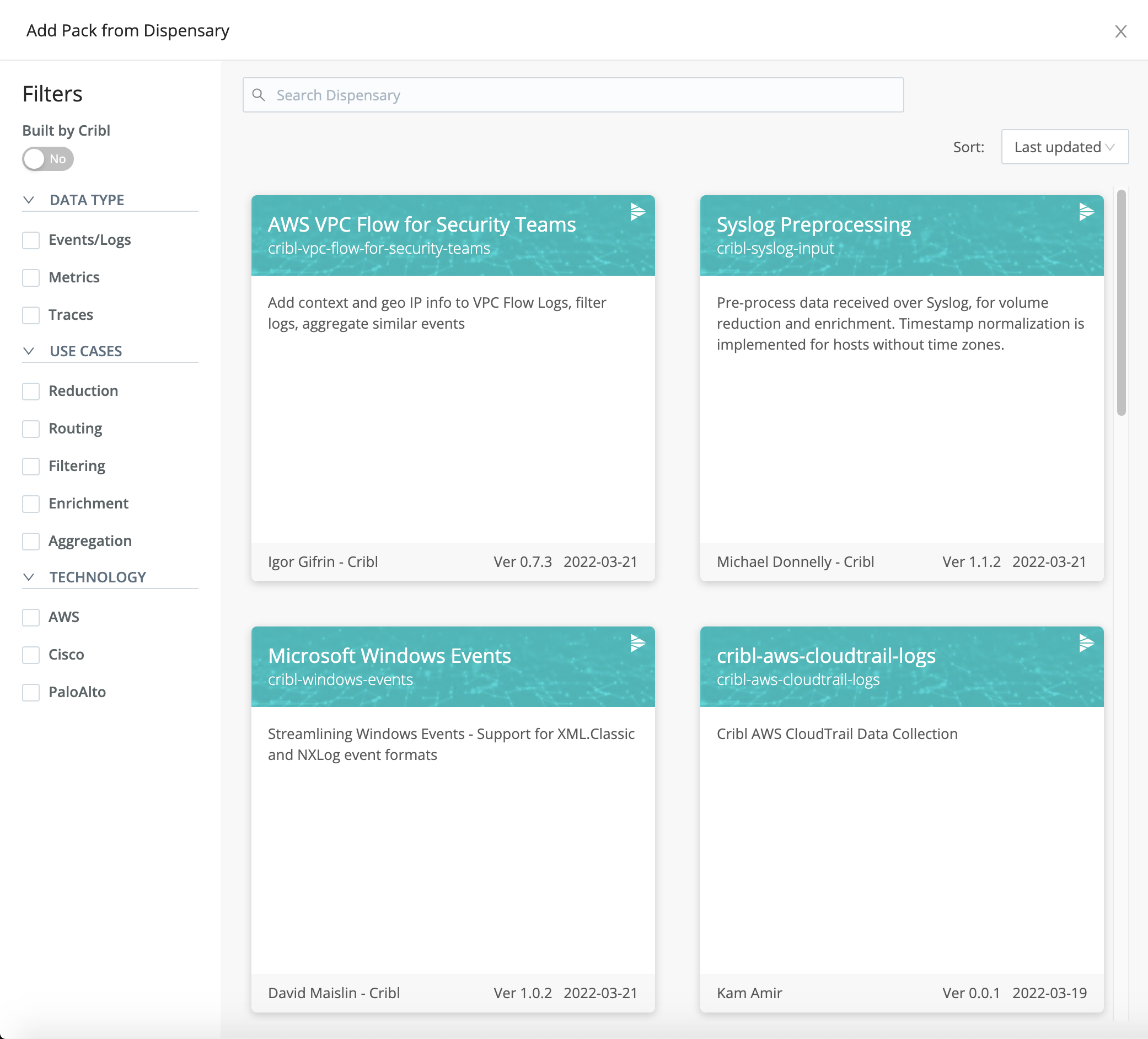 Cribl Packs Dispensary™ (as displayed in Cribl Edge&rsquo;s Add drawer)