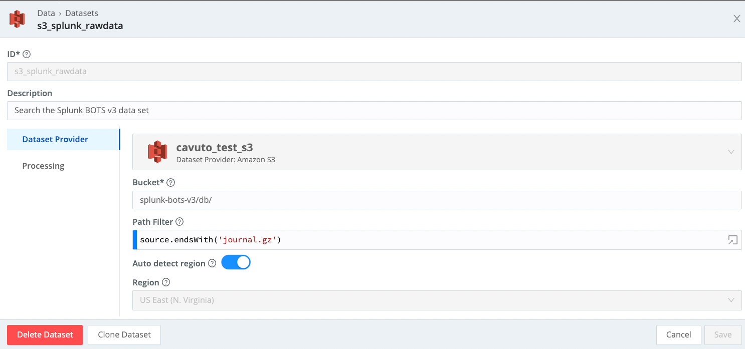 Splunk Dataset configuration