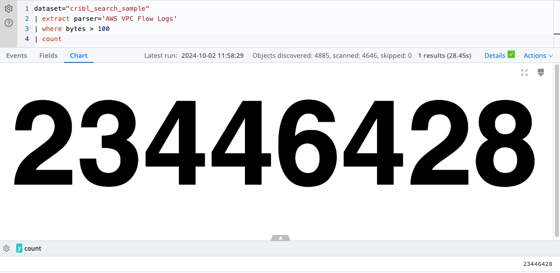 Results of a query using the count operator