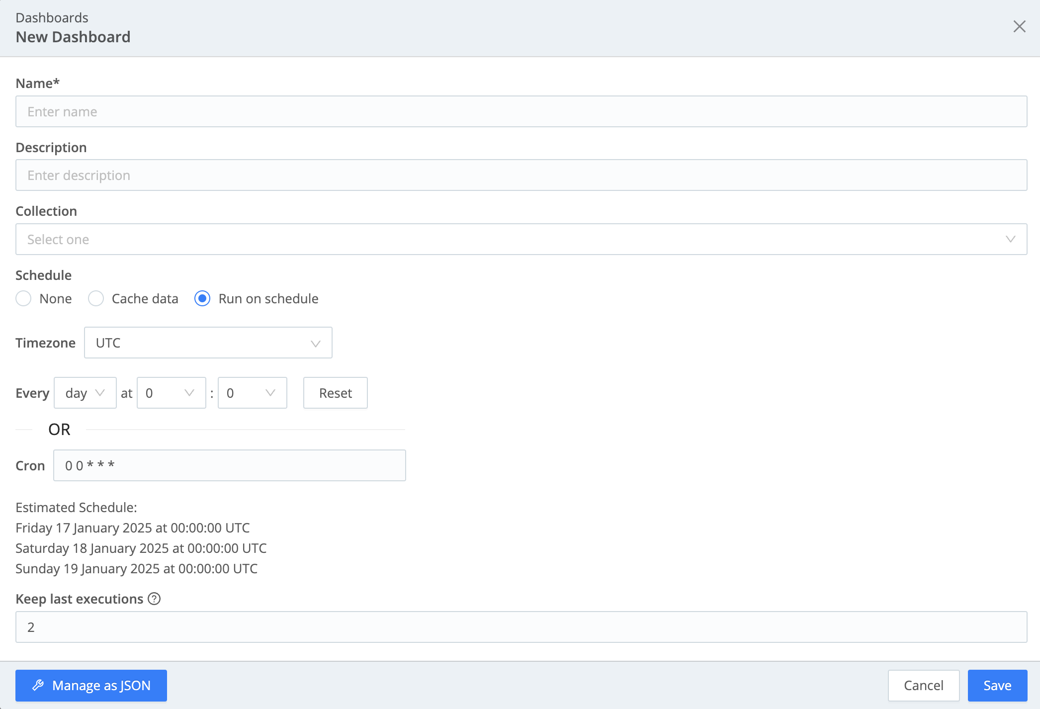 Setting a schedule for a new Dashboard