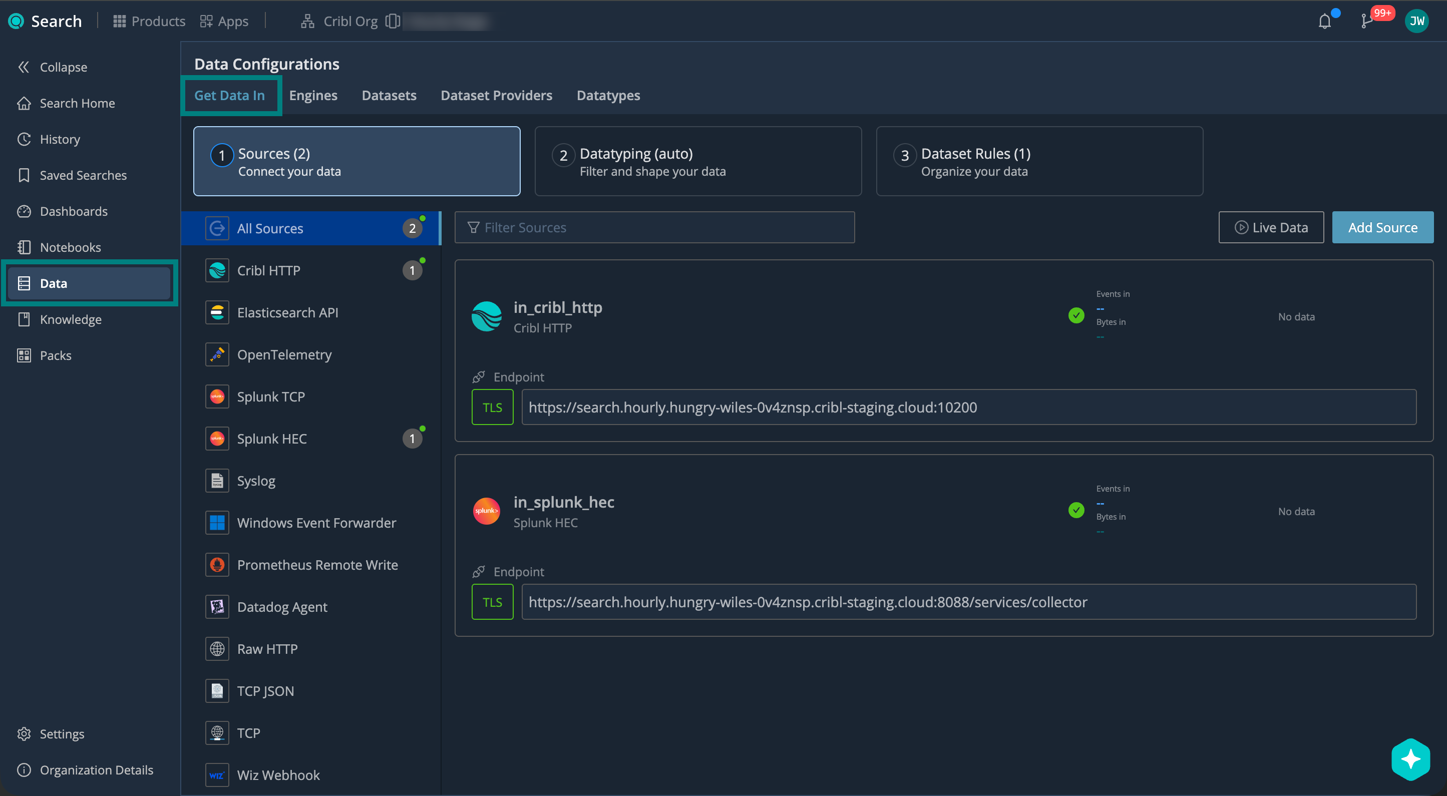 Get Data In tab in Cribl Search