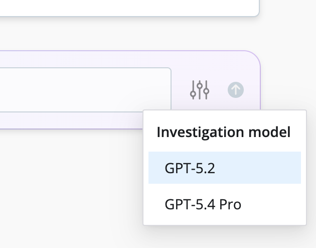 Model selection control in the investigation chat input