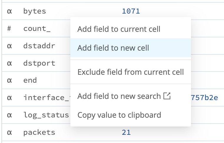 Field&rsquo;s context menu with options to add the field to a new cell or new search