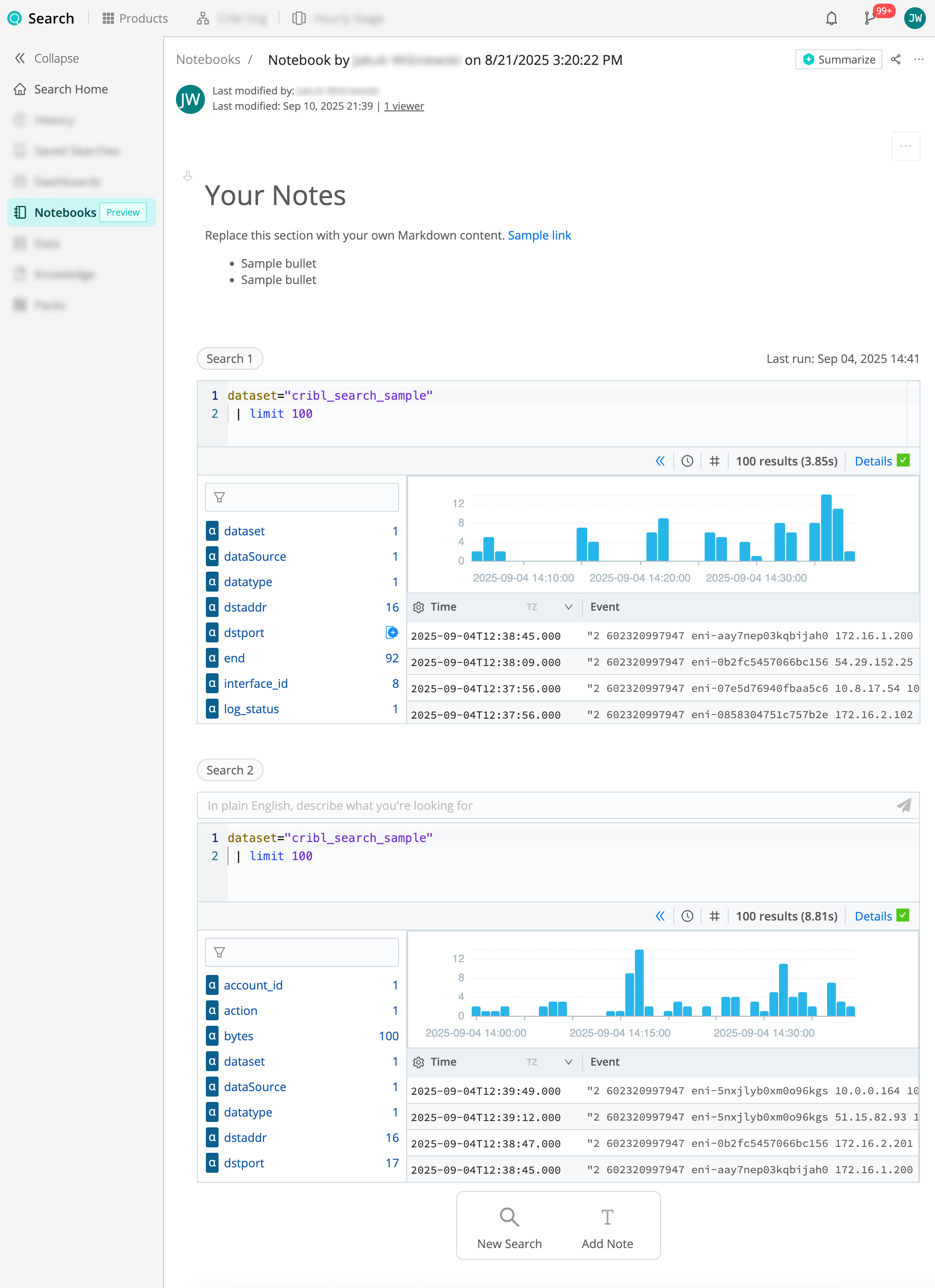 A Notebook with two sample searches