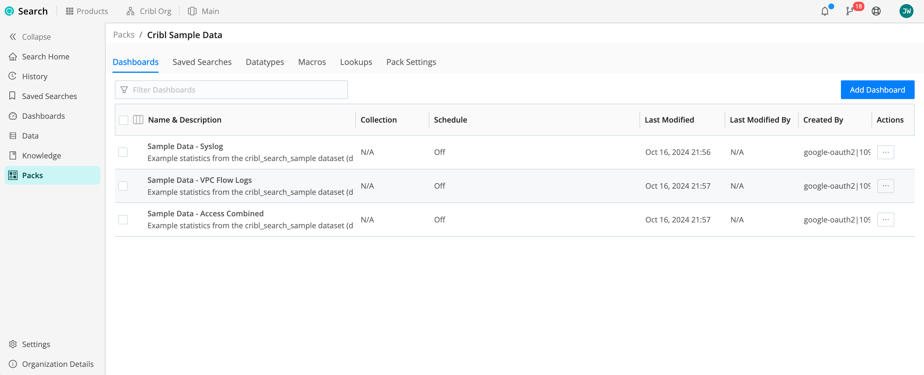 Dashboards within a Pack