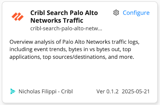 Cribl Search Palo Alto Networks Traffic tile from Cribl Packs Dispensary, showing both Display name and Pack ID.