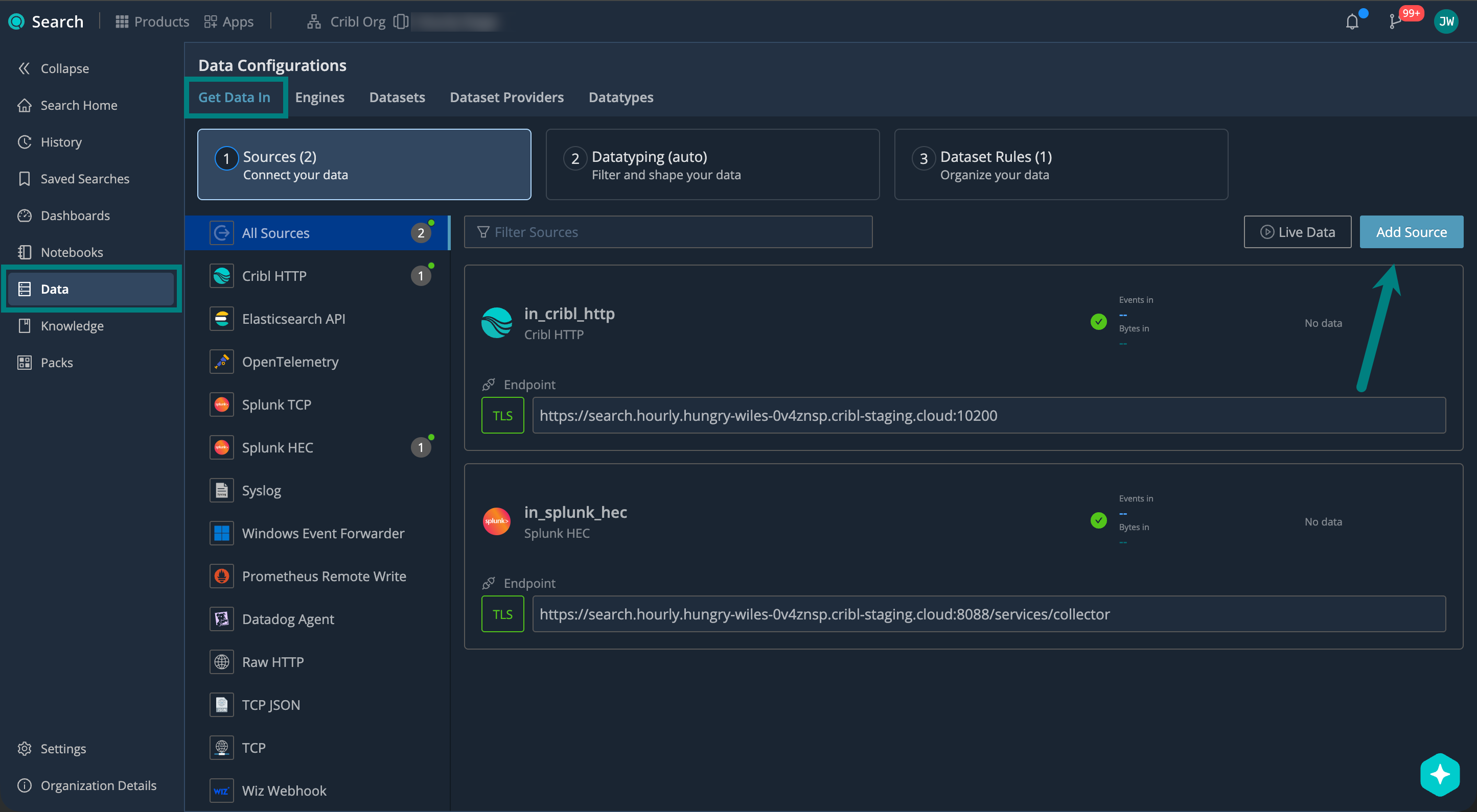 Adding Sources in Cribl Search