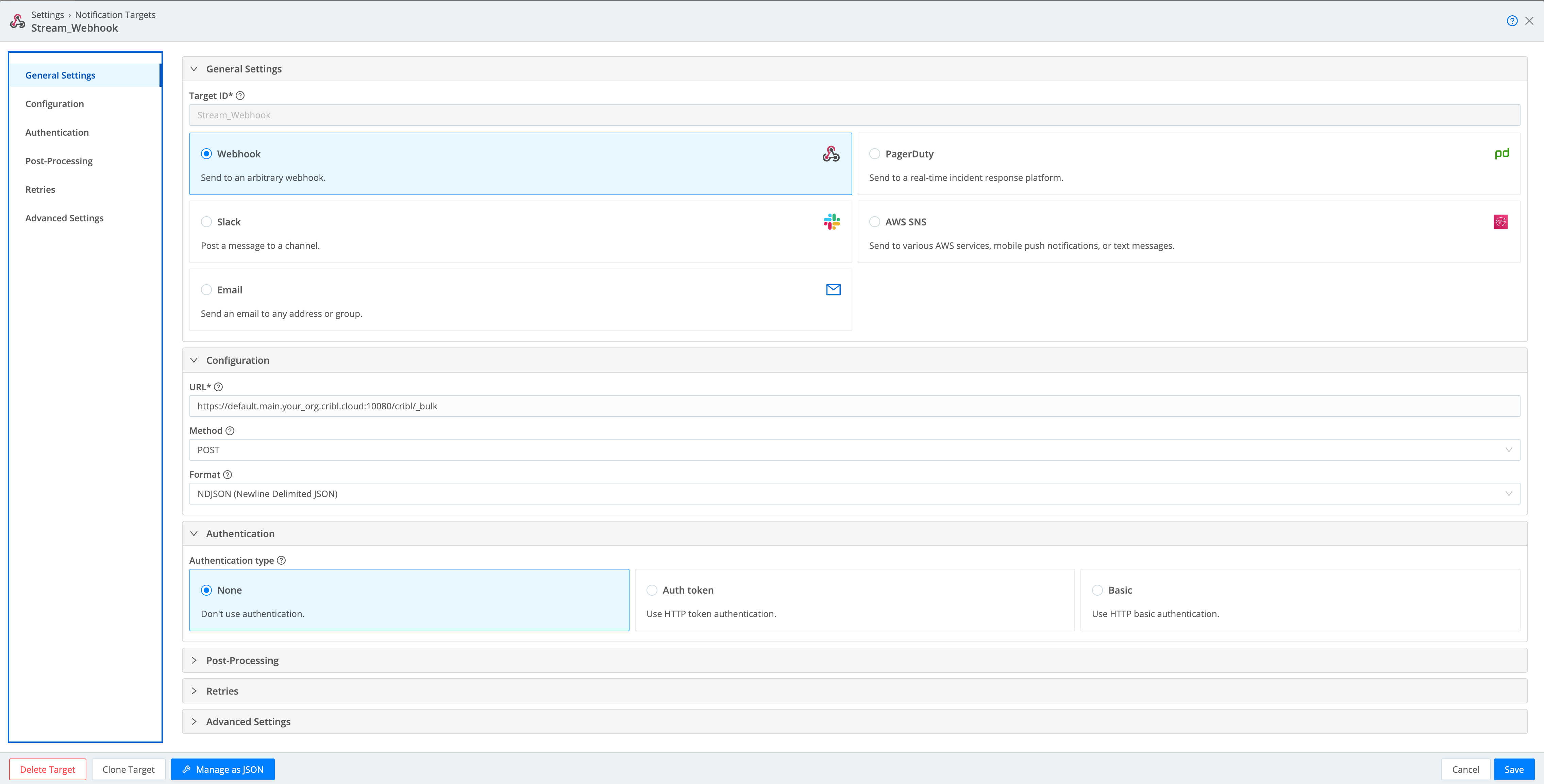 Configuring the Webhook Notification target