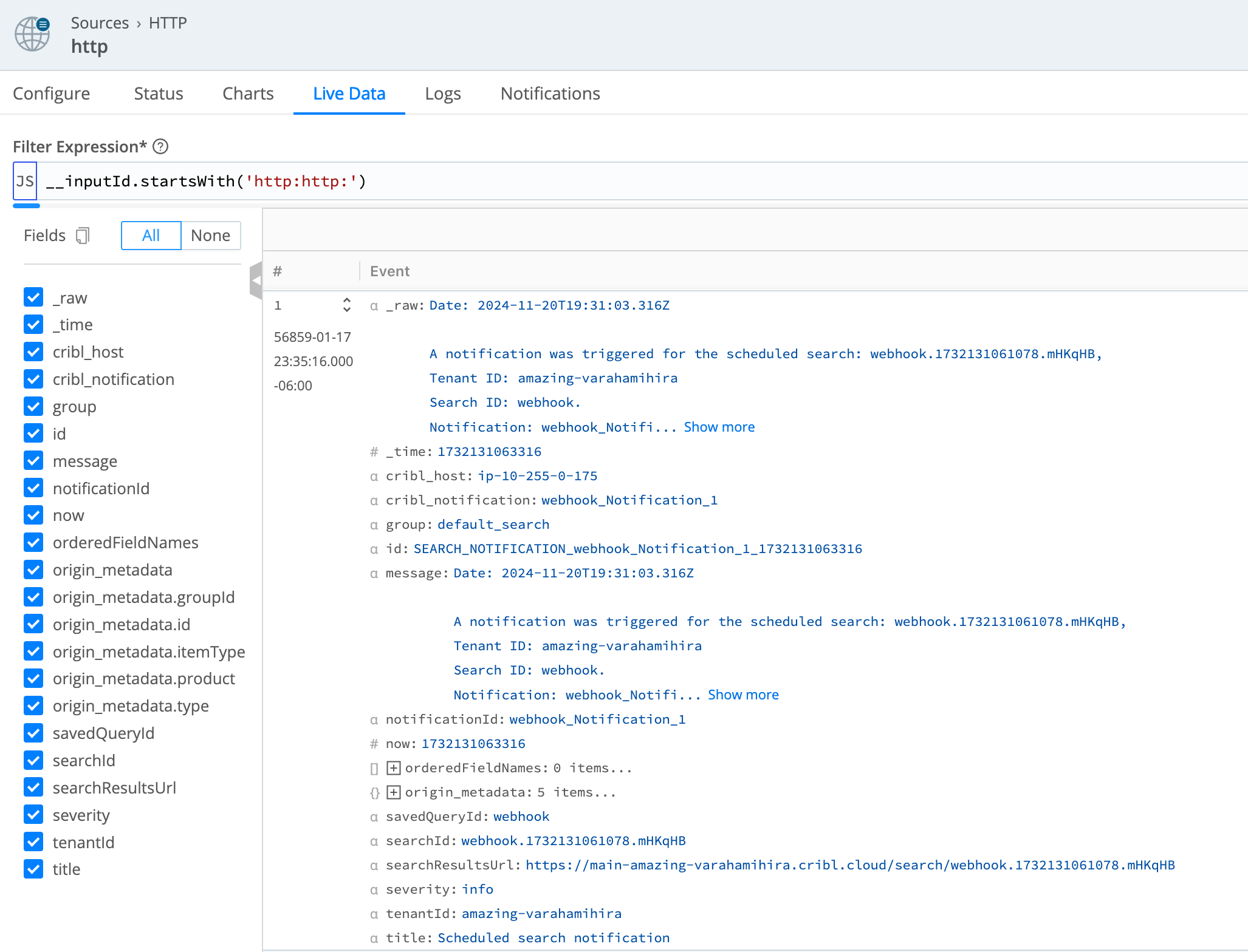 Previewing the Notification&rsquo;s arrival in Cribl Stream