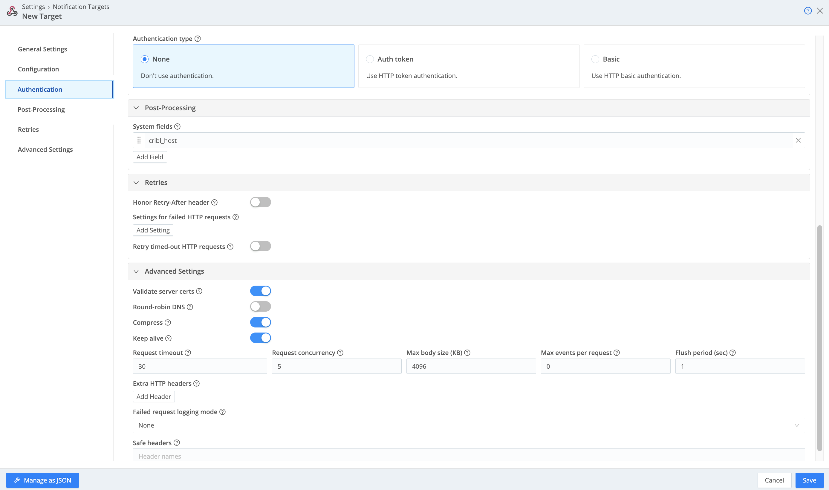 Webhook Notification target - Authentication and lower tabs