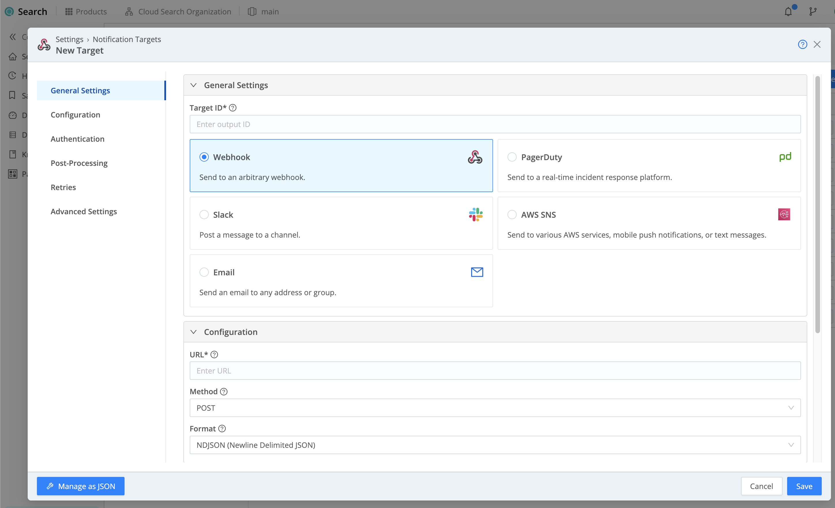 Webhook Notification target - General Settings and Configuration tabs