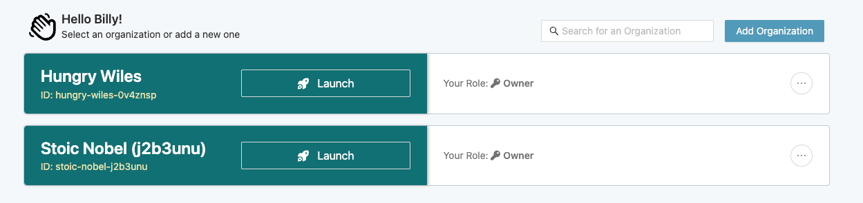 Select Organization interstitial page