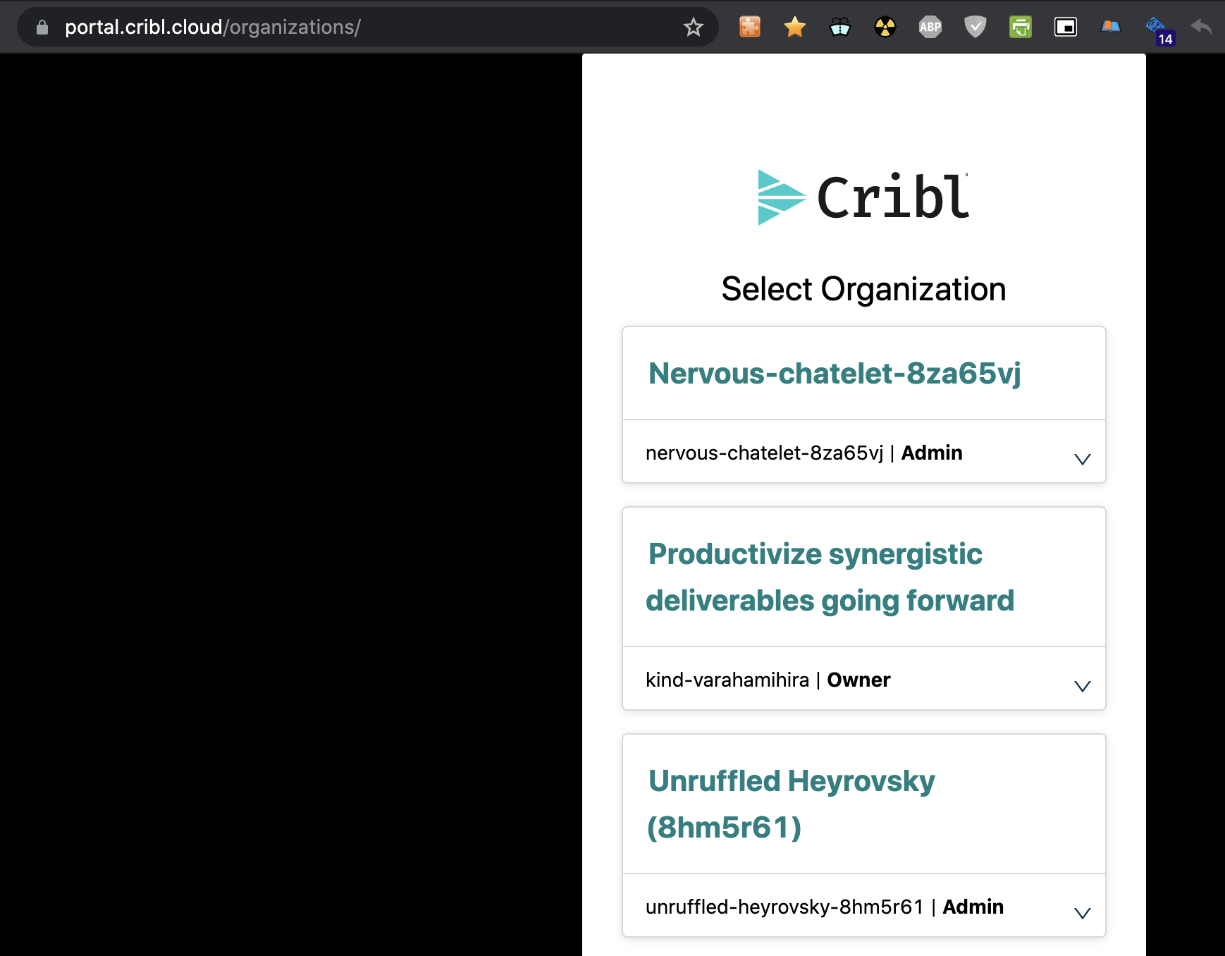 Select Organization interstitial page