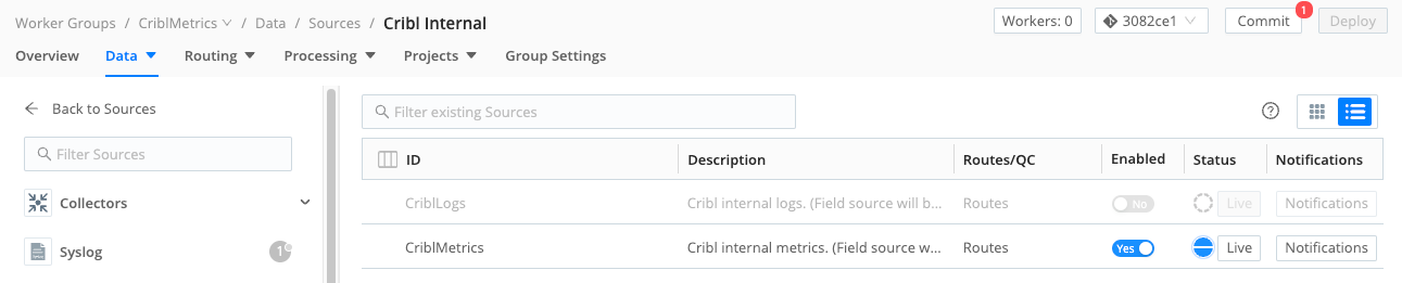 CriblMetrics Source enabled