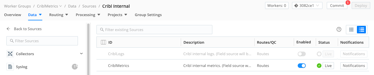 CriblMetrics Source enabled