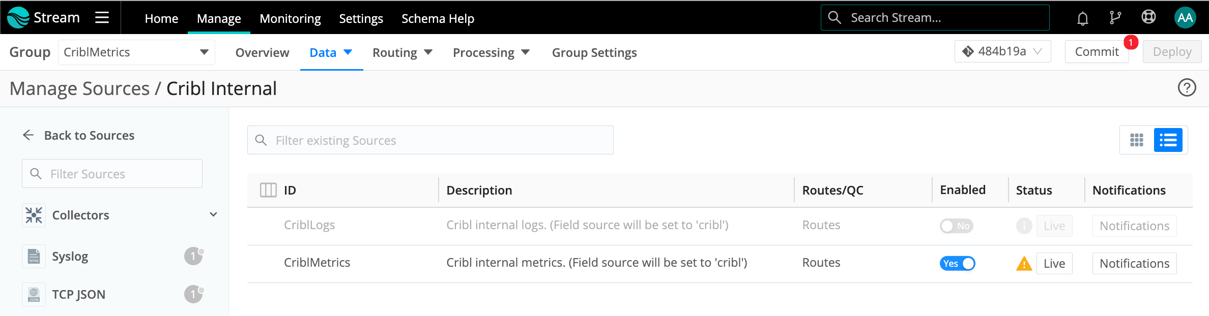 CriblMetrics Source enabled