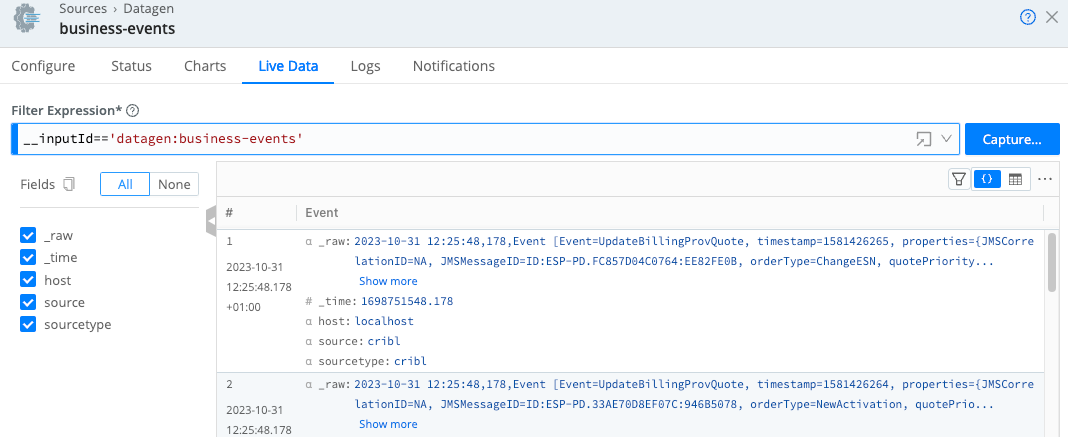 Source modal > Live Data tab
