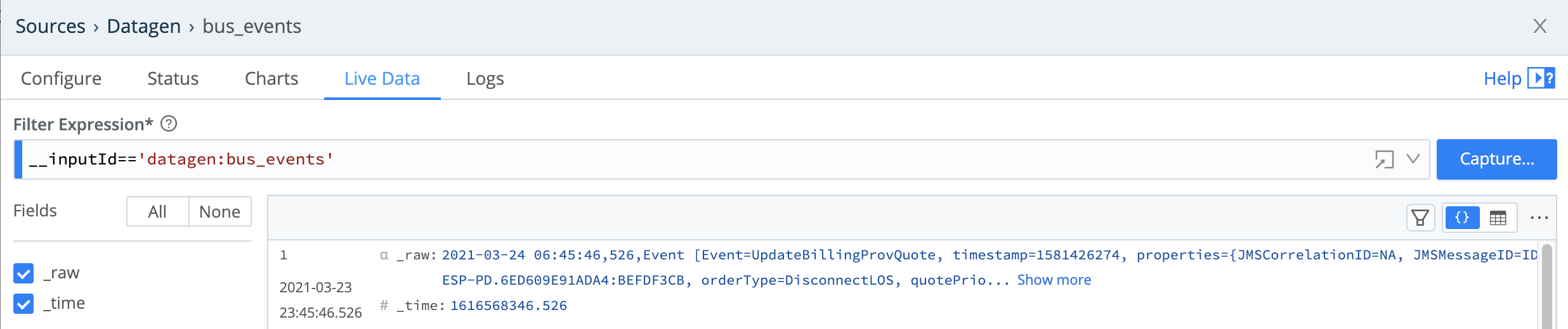 Source modal > Live Data tab