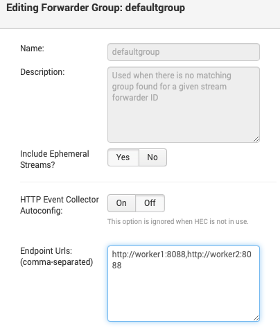Editing forwarder group to specify Cribl Worker URLs