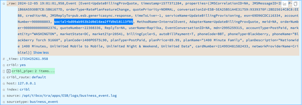 Event with hashed Social Security numbers