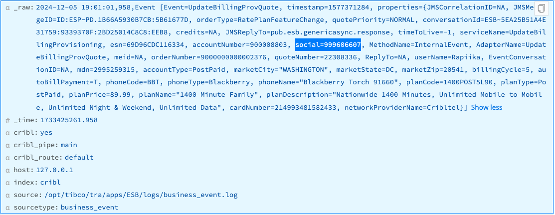 Event with unredacted SSNs