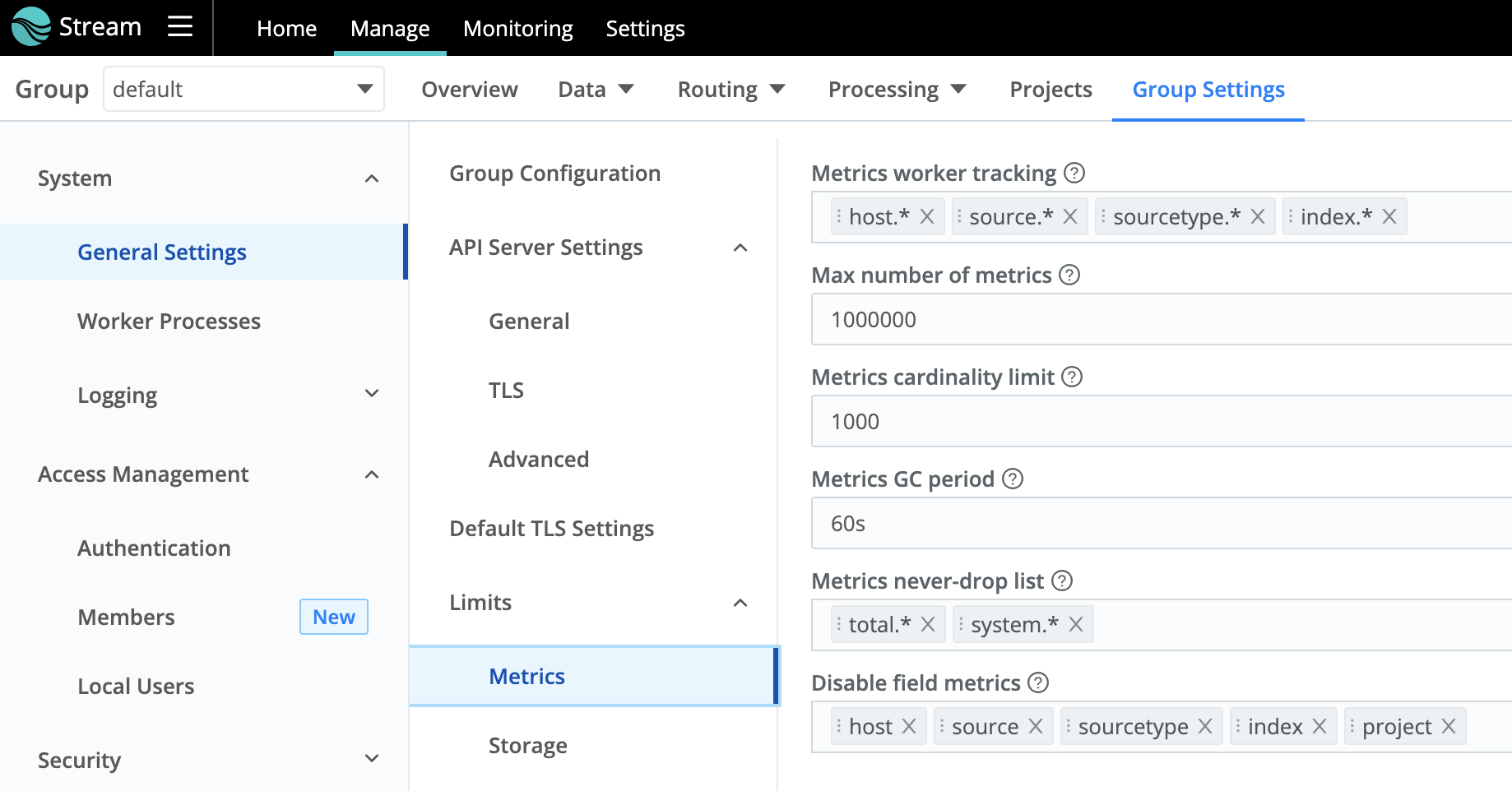 Metrics settings for Cribl Stream Worker Groups