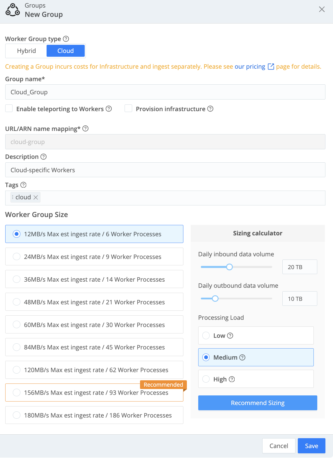 Adding and sizing a new Cloud Group