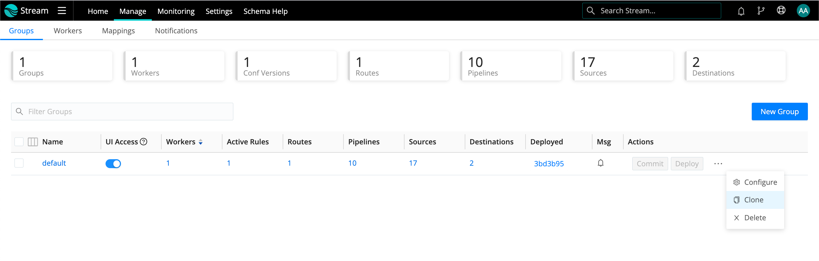 Manage Groups page: Options menu