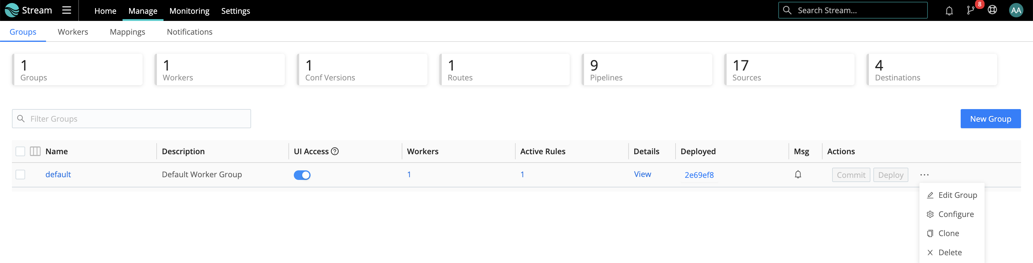 Manage Groups page: Options menu