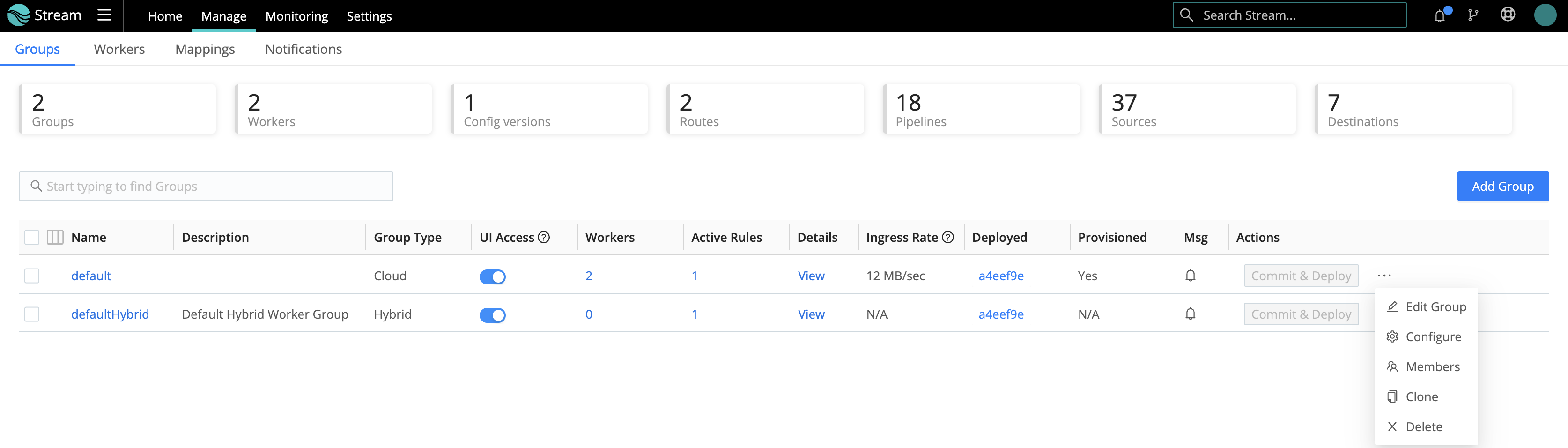 Manage Groups page: Options menu