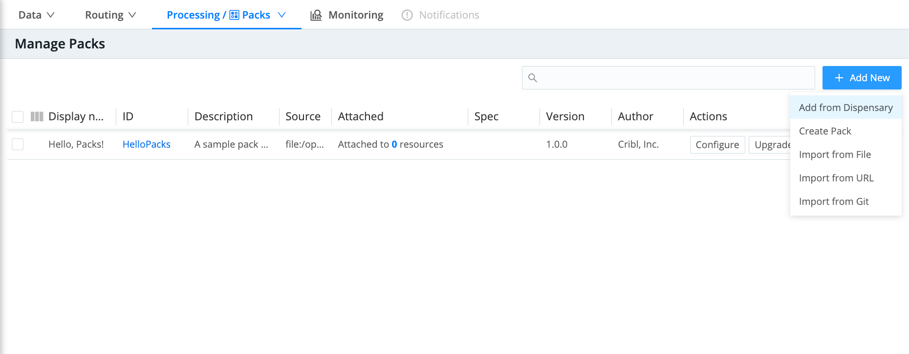 Adding a new Pack from the Dispensary