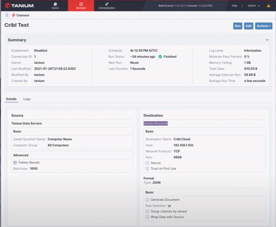Sample Cribl Stream Configured Destination