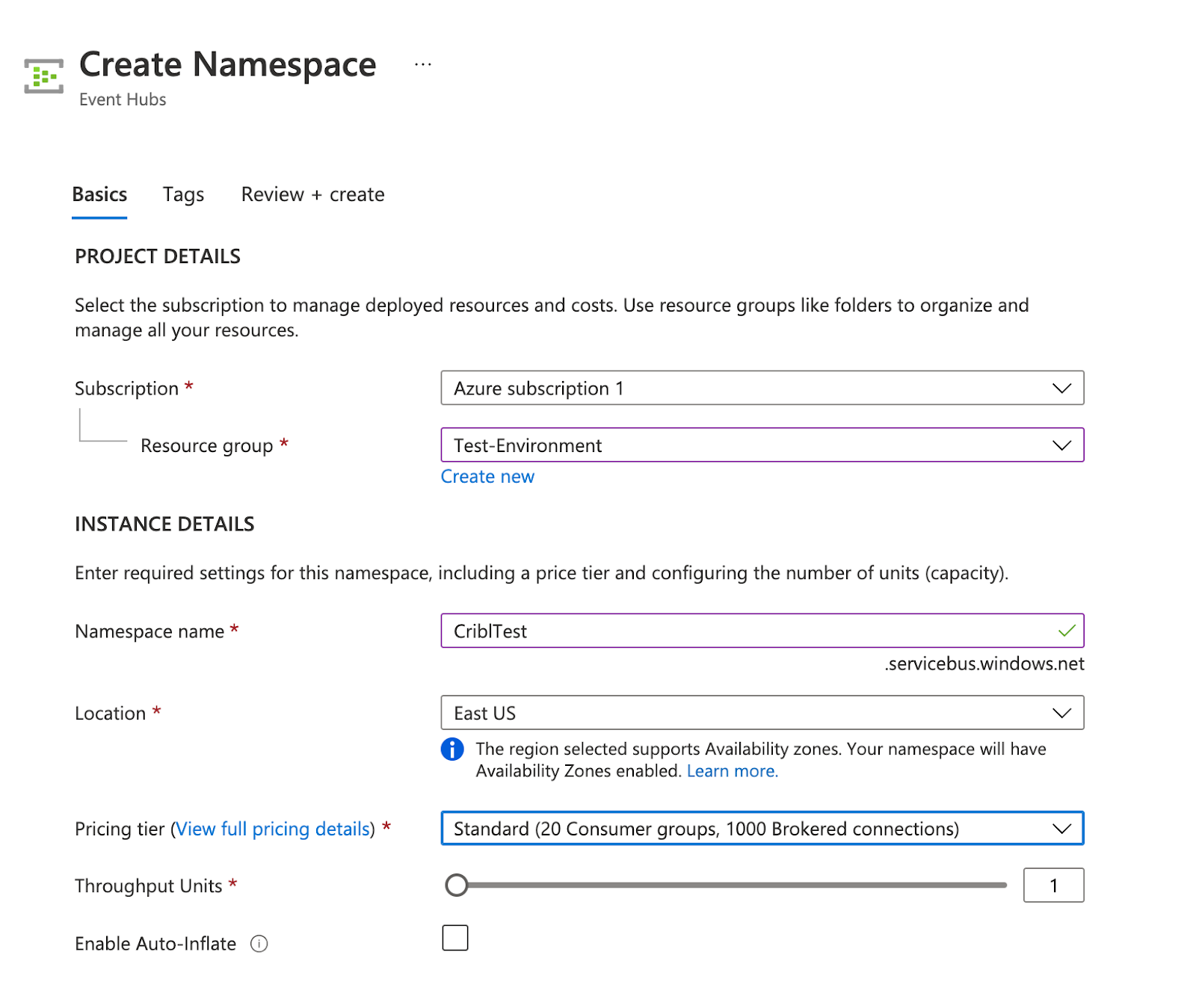 Creating an Event Hubs Namespace